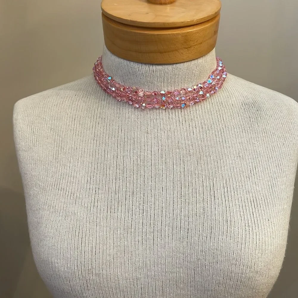 Vintage Three Strand Pink AB Crystal Necklace - Choker